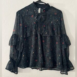 Lucky‎ Brand Lined Sheer Paisley Tie Neck Blouse Size S Ruffle Sleeve Boho Top